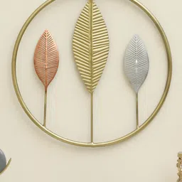vedas Gold Toned Lucky Leaf With Round Frame Metal Hanging Wall Decor-image-96