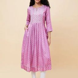 Globus Mauve Printed Round Neck 3/4 Sleeves A-Line Kurta with Pockets-14