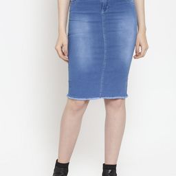 Purple Feather Blue Straight High Waist Denim Stretchable Skirt-image-38