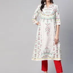 WISHFUL by W Women White & Green Printed A-Line Kurta-picture-8
