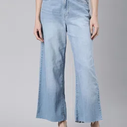 Go Colors Women Wide Leg High-Rise Heavy Fade Whiskers Cotton Jeans-image-27