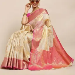 Silk Land Beige & Pink Woven Saree With Unstitched Blouse-picture-6