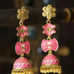Priyaasi Floral Pink & Golden Jhumki Earrings-64