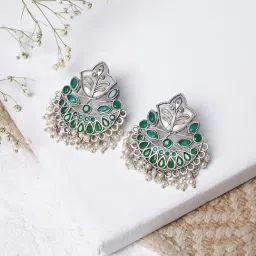 Teejh Nimrat Green Stone Silver Oxidized Drop Earrings-0