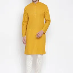 VASTRAMAY Men Yellow & White Solid Kurta with Churidar-28