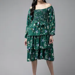 BAESD Floral Printed Off-Shoulder Puff Sleeve Georgette Layered Fit & Flare Midi Dress-picture-48