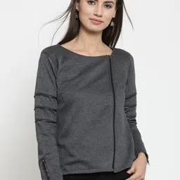 Belle Fille Women Grey Solid Asymmetric Closure Tailored Jacket-image-11