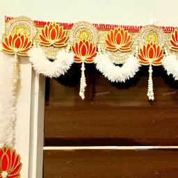 Divyakosh White & RedLotus & Jasmine Flower Toran With Side Hangings-16