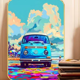 SAF Blue & Pink Retro Beach Van Pop Art MDF Wall Art-picture-4