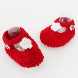 Woonie Flower Design Handmade Crochet Booties - Red-10