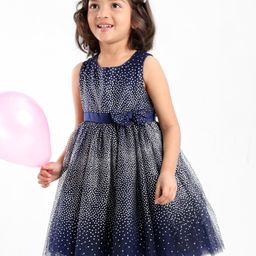 Babyhug Sleeveless Foil Printed Party Frock - Navy Blue-image-1