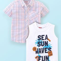 Babyhug 100% Cotton Half Sleeves Checked Shirt with Text Print T-Shirt - White-image-52