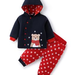 Babyhug 100% Cotton Full Sleeves Hooded Winter Wear Suits Teddy Bear Applique - Blue & Red-image-100