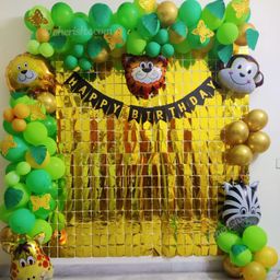 Bubble Trouble Jungle Theme Kids Birthday Decoration Items Bunting Animal Face Foil Balloons Artificial Leaf Arch Tape Balloon Pump Forest Theme Birthday Party - Pack of 93-image-30