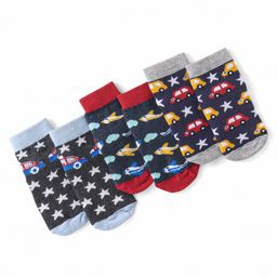 Cute Walk by Babyhug Cotton Blend Ankle Length Anti Skid Socks Stars & Plane Design Pack of 3 - Blue Grey & Red-image-61