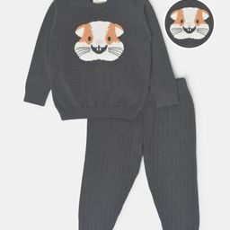 Mi Arcus 100% Cotton Full Sleeves Dog Face Embroidered Tee  With Joggers Winter Set - Dark Grey-image-2