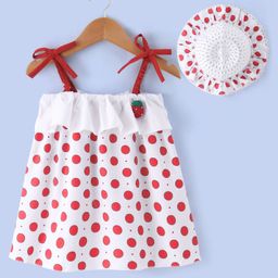Kookie Kids Sleeveless Frock Polka Dot Print with Hat - Red-image-93