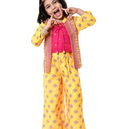 Babyhug Embellished Crop Top with Block Printed Palazzo & Three Fourth Sleeves Jacket Set - Yellow-image-3