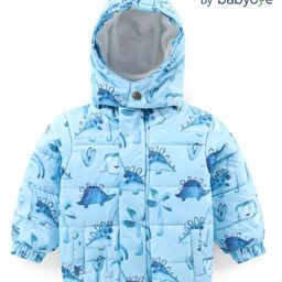 Babyoye Woven Full Sleeves Front Open Padded Hooded Jacket with Dino Print - Sky Blue-image-90