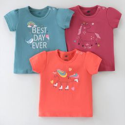 Zero Sinker Cotton Knit Half Sleeves Tops with Unicorn & Text Print Pack of 3 - Strawberry Turquoise & Coral-61