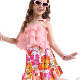 Ollington St. Georgette Woven Singlet Sleeve Layered Top & Floral Printed Skirt Set - Multicolor-image-44