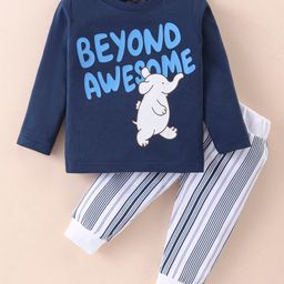 Mini Taurus Cotton Knit Full Sleeves Baby Elephant Printed T-Shirt & Striped Lounge Pants Set - Blue & White-image-93