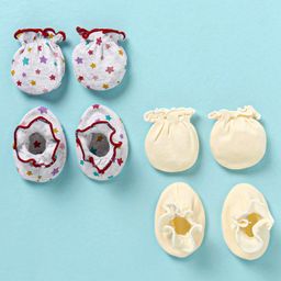 Ben Benny 100% Cotton Knit Solid & Star Printed Mittens & Booties Pack of 4 - Red & Off White-12