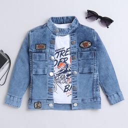 Ministitch Denim Full Sleeves Solid Jacket With Extreme Rider Printed T-Shirt - Light Blue-21