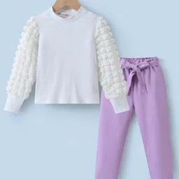 Kookie Kids Cotton Knit Full Sleeves Top & Lounge Pants Set - White & Lilac-picture-11