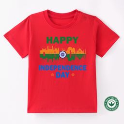 BLUSHES Independence Day Theme 100% Cotton Half Sleeves Happy Independence Day Text Printed Tee - Red-image-69