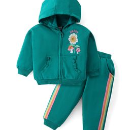 Babyhug Cotton Knit Full Sleeves Hooded Front Zipper T-Shirt & Lounge Pants Set With Floral Print - Teal Blue-picture-31