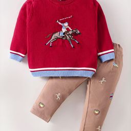 ToffyHouse Cotton Knit Full Sleeves Winter Wear Sport Theme Design T-Shirt & Lounge Pant Set - Red & Tan-image-63