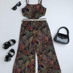 Taffykids Cotton Sleeveless Floral Foil Printed Mirror Lace Embellished Cut Out Jumpsuit - Multi Colour-image-95