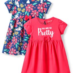Babyhug Single Jersey Knit Half SleevesFloral & Text Printed Frocks with Bow Applique Pack of 2 - Navy Blue & Red-image-97
