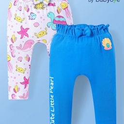 Babyoye Eco Conscious Interlock Knit Full Length Jiva Finish Diaper Leggings with Sea Life Print & Bow Applique Pack of 2 - Blue & White-image-49