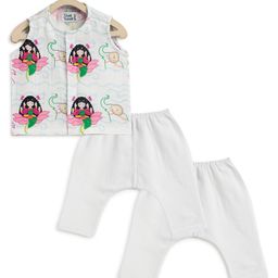 Tiber Taber Sleeveless Laxmi Goddess Printed Jhabla With Solid Pyjamas Set - White-image-4
