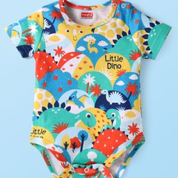 Babyhug 100% Cotton Knit Half Sleeves Dino Printed Onesie - Red Sea Green & Yellow-image-74