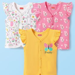 Babyhug 100% Cotton Interlock Knit Front Open Vests With Floral & Elephant Print Pack Of 3 - Yellow Pink & White-image-22