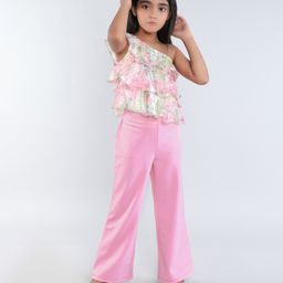 Taffykids Organza One Shoulder Sleeveless Floral Printed Layered Crop Top & Solid Pant Set - Pink & Multi Colour-image-50