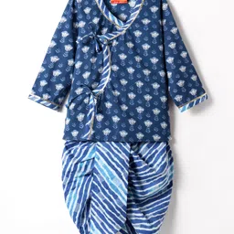 Exclusive from Jaipur Cotton Full Sleeves Kurta Dhoti Set Leheriya Print - Blue-picture-18