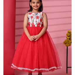 Toy Balloon Kids Net Sleeveless Floral Printed & Lace Embellished Dress - Coral-image-73