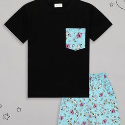 Sheer Love Cotton Jersey Knit Half Sleeves Pocket Detailed Tee With Space Theme Printed Coordinating Shorts Set - Black & Blue-image-89