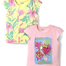 Honeyhap Premium 100% Cotton Knit Half Cap Sleeves Tops with Bio Finish Floral & Bird Print Pack of 2 - Lamonade & Mary's Rose-image-97