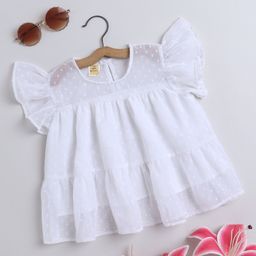 Aww Hunnie Flutter Sleeves Georgette Swiss Dots Designed Top - White-image-43