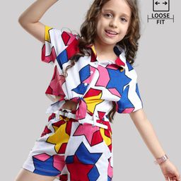 Ollington St. Cotton Co-Ord Set of Half Sleeves Top & Shorts with Stars Print - White Yellow & Blue-image-61