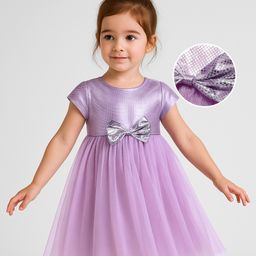 Babyhug Woven Cap Sleeves Mesh Dress with Bow Applique & Foil Print - Lavender-image-69