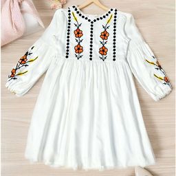 Bella Moda Cotton Three Fourth Sleeves Floral Embroidered Dress - White-picture-11