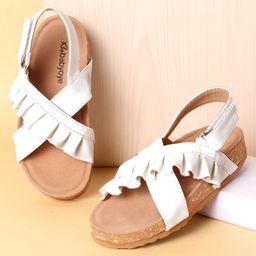 Babyoye Velcro Closure Solid Color Sandals with Frill Detailing - White-image-67