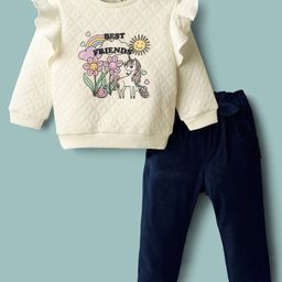 ToffyHouse 100% Cotton Knit Full Sleeves Top & Lounge Pants Set With Unicorn Print & Frill Detailing - Navy Blue & Cream-picture-16