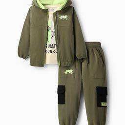 OLLINGTON ST. Cotton Full Sleeves Hoodie Zipper Jacket & Joggers with Inner T-Shirt - Olive Green-image-91